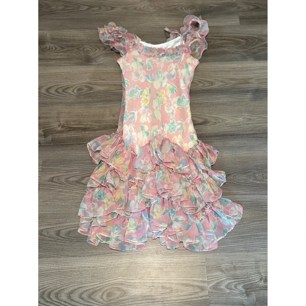 Ralph Lauren Kids Pink Floral Ruffle Cold Shoulder Tiered Dress Girls Size 12